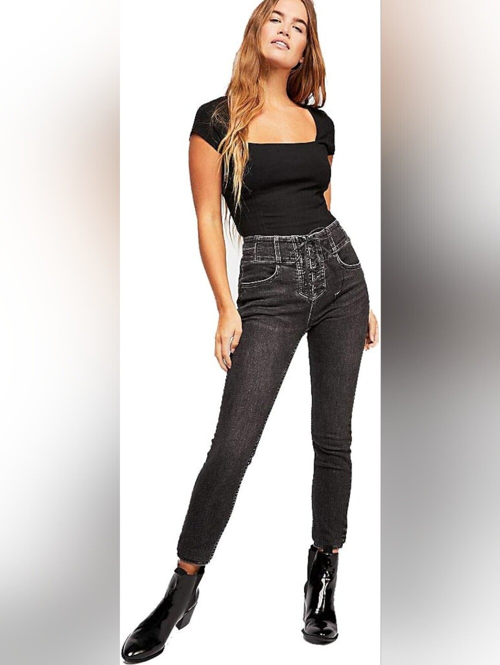 NWT We The Free People CRVY Lovers Knot in Black High Waist Skinny Jeans 35